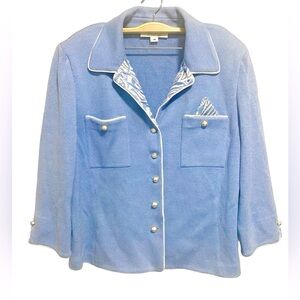 St. John Collection Santana Knit Blazer Sz 14 Sky Blue Ivory Contrast Jacket